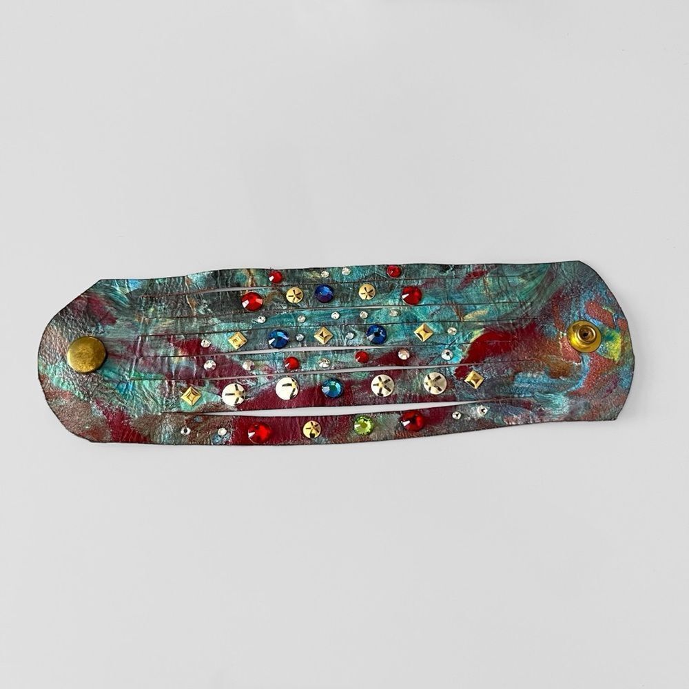 Hand Painted Rhinestone Studded Leather Bracelet